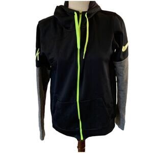 Nike black sports jacket with hood gray partial sleeves  full zip size S‎